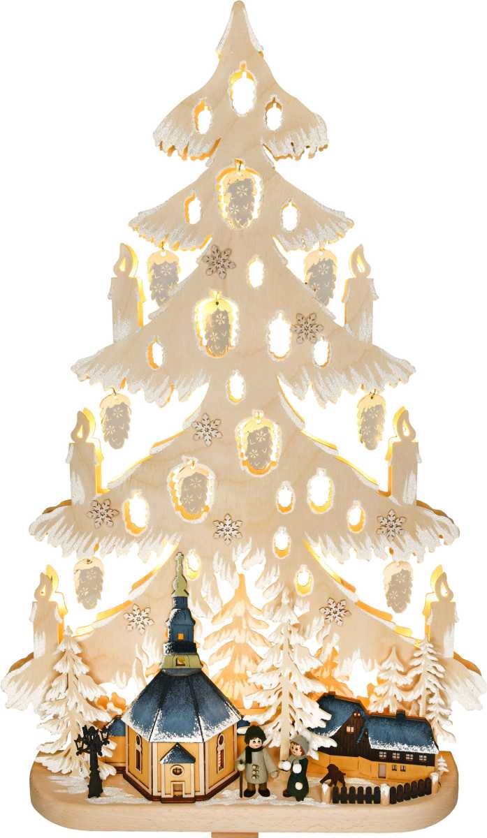 Tanne groß, Seiffener Kirche, LED, Zapfen Acrylglas, Dächer gebeizt Tanne groß, Seiffener Kirche, LED, Zapfen Acrylglas, Dächer gebeizt