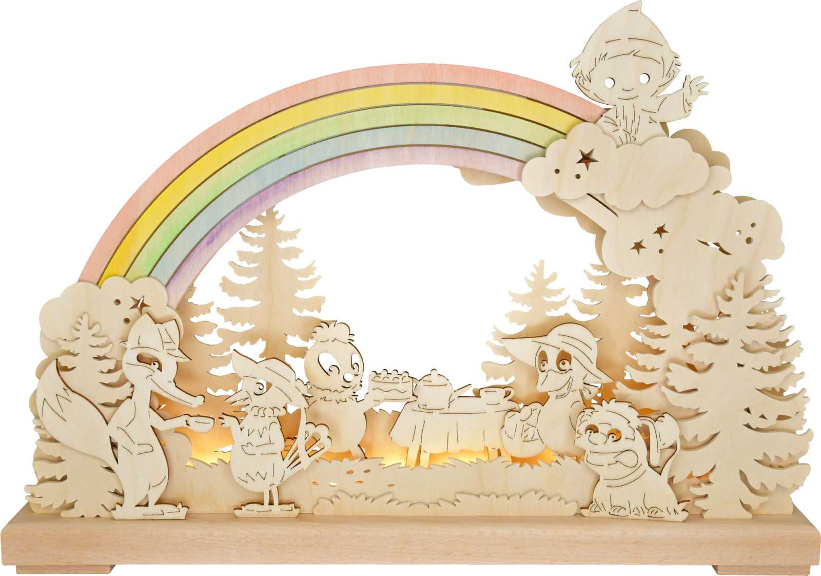 3D-LED-Schwibbogen klein, Sandmännchen und Freunde unter dem Regenbogen 3D-LED-Schwibbogen klein, Sandmännchen und Freunde unter dem Regenbogen