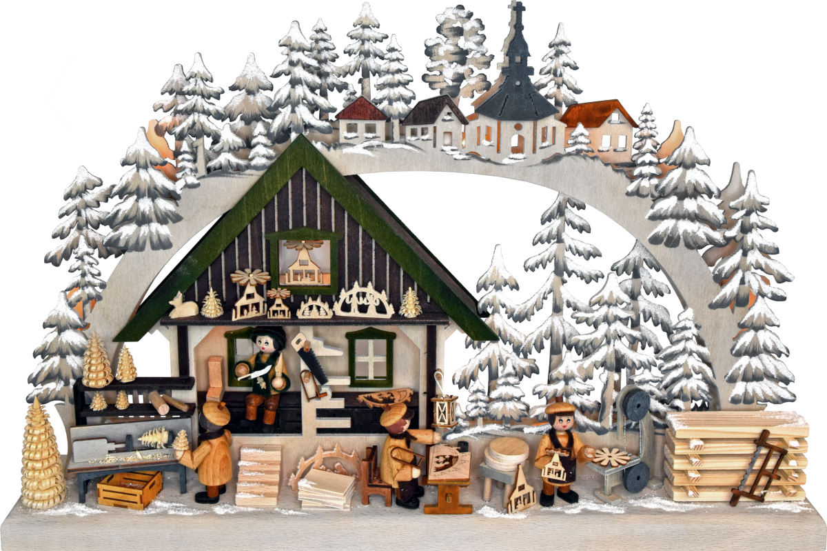 3D-Schwibbogen kl., Kunsthandwerk aus dem Erzgebirge, Raureif, handbemalt grau