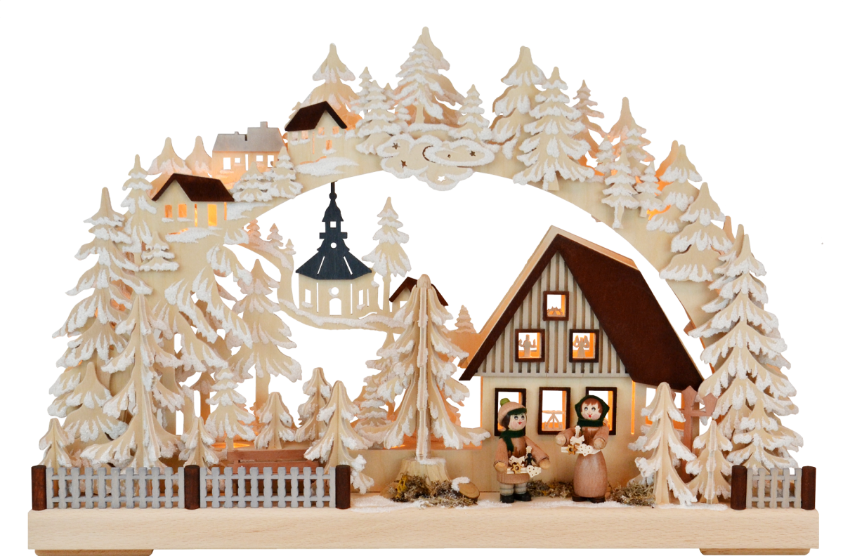 3D-Schwibbogen kl., Striezelkinder an der Tanne, Raureif