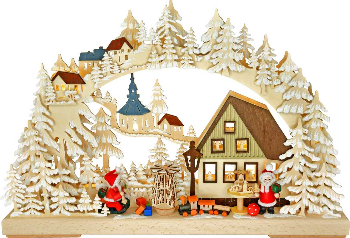 3D-Schwibbogen kl., Weihnachtsmannwerkstatt, Raureif