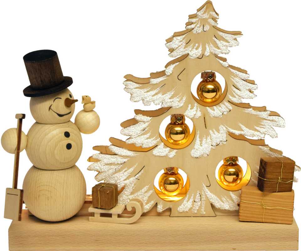 Tischschmuck Tannenbaum, Kugeln gold, Raureif, Schneemann