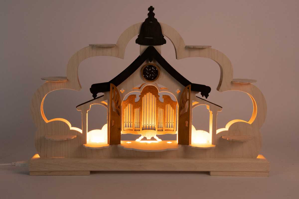 Schwibbogen kl., Kirche braun für Sammlerfiguren