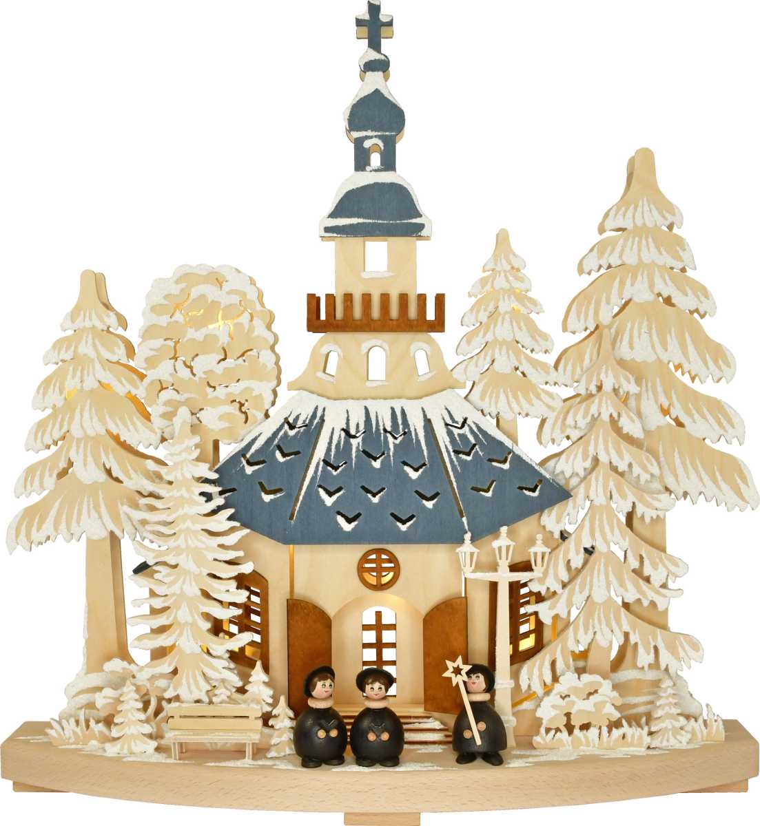Schwibbogen kl., Kirchgang in Seiffen, farbige Dächer, Raureif