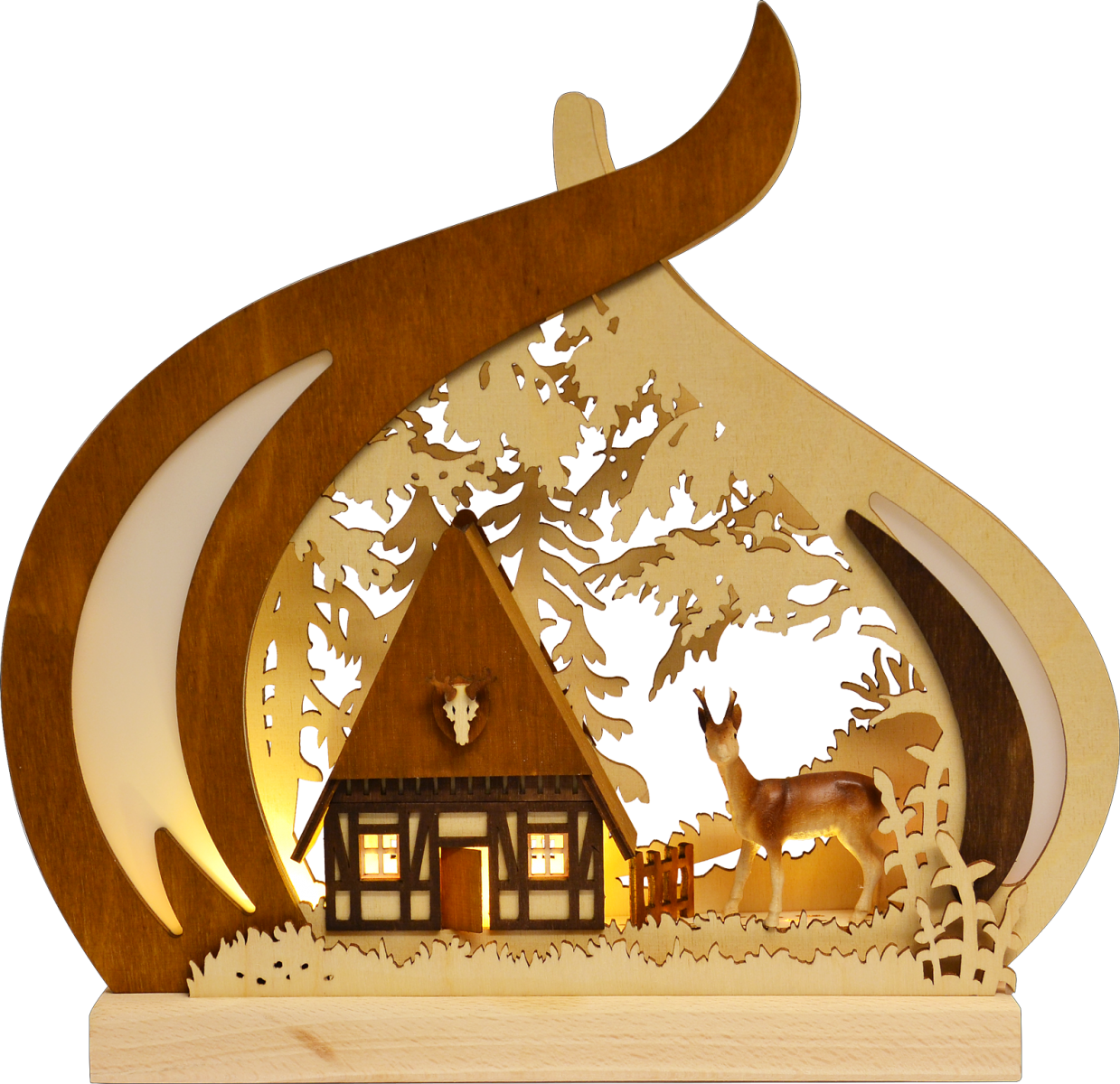 Romantikleuchte braun, Waldhaus mit Reh