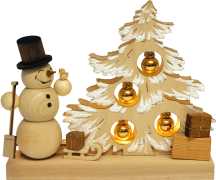 Tischschmuck Tannenbaum, Kugeln gold, Raureif, Schneemann